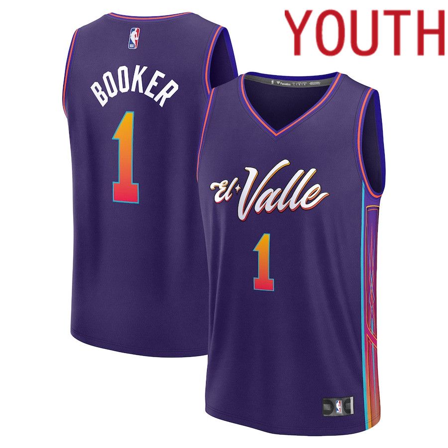 Youth Phoenix Suns #1 Devin Booker Fanatics Branded Purple City Edition 2023-24 Fast Break NBA Jersey->youth nba jersey->Youth Jersey